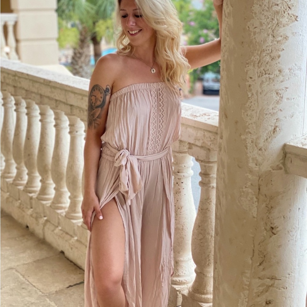 Ocean Drive Boho Strapless Wide Leg Jumpsuit Dusty Rose Size Medium